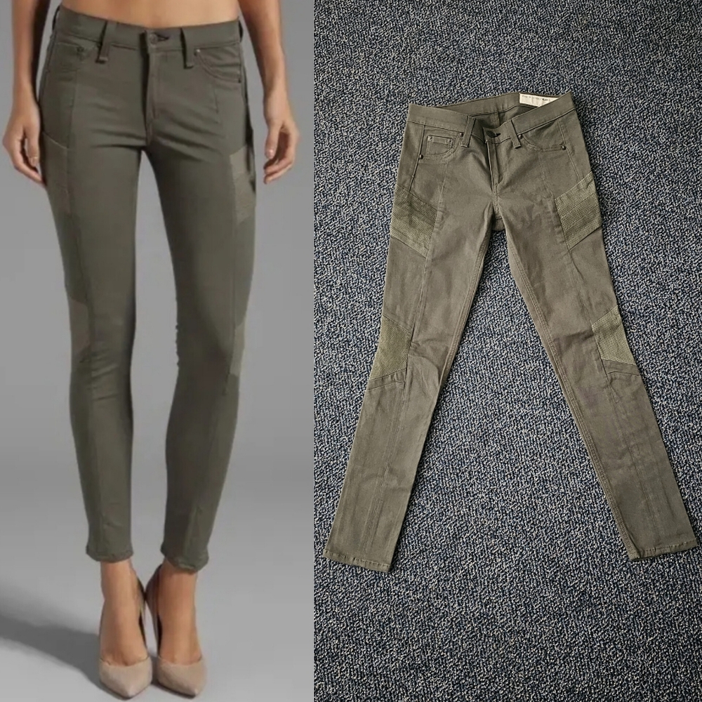 rag & bone Halifax Leather-Panel Moto Jeans Size 26 Army Military Green New NWOT
